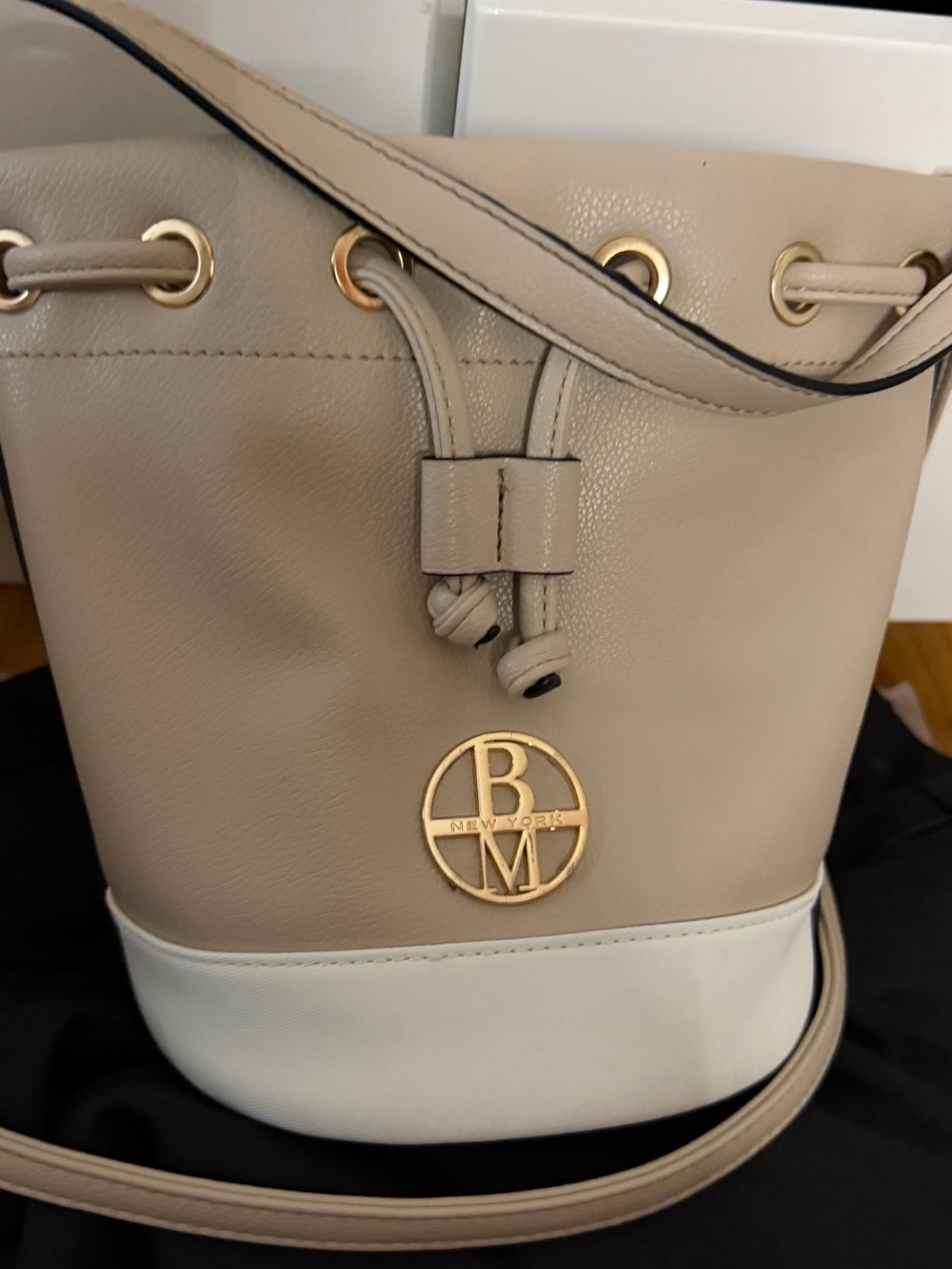 Badgley Mischka Taupe and White Leather Bucket Crossbody Bag